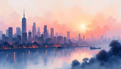 Obraz premium City skyline at sunset reflected on a body of water
