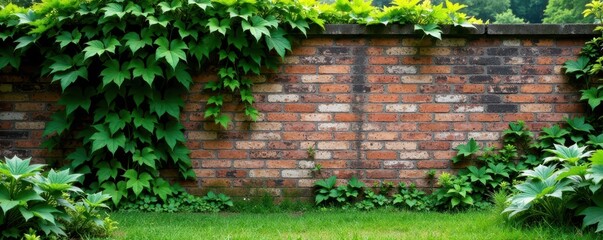 Stone brick wall with overgrown vegetation and vines, lush, untamed, wall