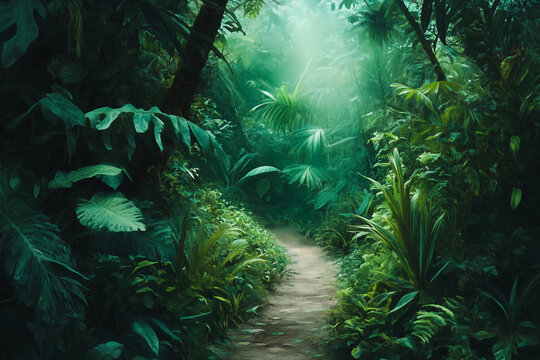 Lush tropical jungle featuring dense foliage, entwined vines, and a mysterious footpath fervently beckoning adventure