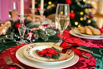Festive Christmas Dinner Table Setting With Poinsettia and Wine Glass, A holiday dinner with family members dressed in festive attire, sharing in the joy of the season