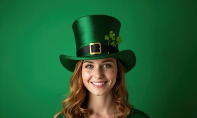 Woman wearing a green hat and green dress on green background. She is smiling and looking at the camera