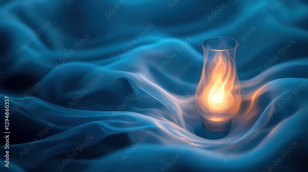 Poster glowing gas lamp casts warm light amidst swirling blue mist in a serene setting. generative ai