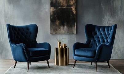 Velvet armchairs, gold side table, grey wall, modern interior design, living room