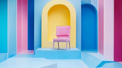 Vibrant pop art exhibition setup with a pink chair centerpiece