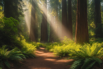 Fototapeta premium Epic Redwood Forest Displaying Towering Ancient Trees, Verdant Ferns, and a Rustic Dirt Trail Adventure