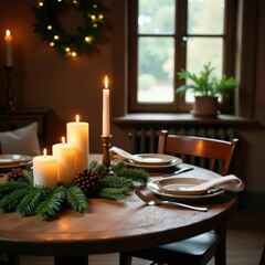 Wooden table with candles and evergreen branches, cozy atmosphere, rustic decor