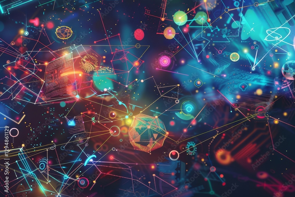 Poster a colorful abstract artwork depicting a network of interconnected geometric shapes and lines, an art
