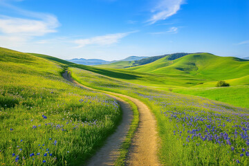 Obraz premium Picturesque Rolling Hills Featuring Vibrant Green Grass and Blossoming Wildflowers on a Rustic Dirt Trail