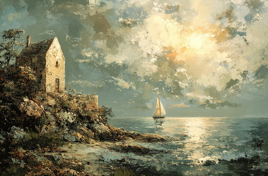 Impressionist Coastal Landscape with Sailboat and Stone Cottage