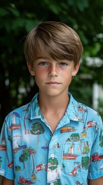 A boy appears in focus, dressed in a vibrant, patterned shirt showcasing boats and palm trees. He stands outdoors against a lush, green background, with soft sunlight illuminating his face