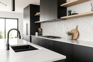 Modern black kitchen island, herringbone tile backsplash, bright room, home design