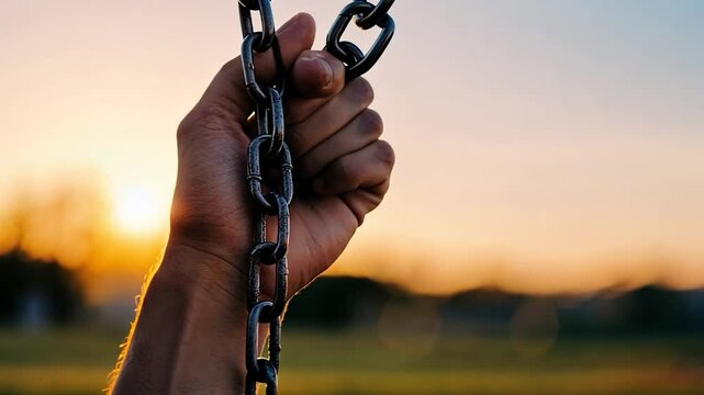 Hand gripping chains sunset background, hope concept