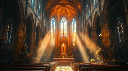 Fototapeta premium Interior cathedral gothic glass sunlight high resolution hd photo