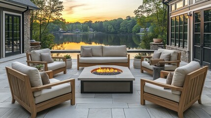 Lakeside patio furniture set with fire pit at sunset
