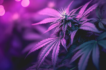 Cannabis plant illuminated by purple lights with a blurred background in a cultivation environment