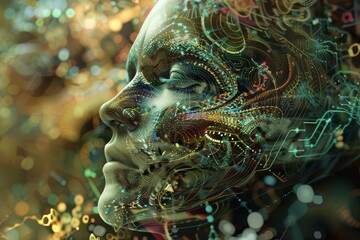 Fototapeta premium Digital art of a face in data swirl, showing machine learning, A surreal representation of machine learning algorithms