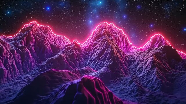 Vivid neon mountains under a starry cosmic sky at night with bright glowing edges