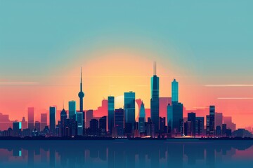 Obraz premium Minimalist Shanghai Skyline at Sunset, A minimalist city skyline with clean lines and geometric shapes, creating a sleek and modern aesthetic