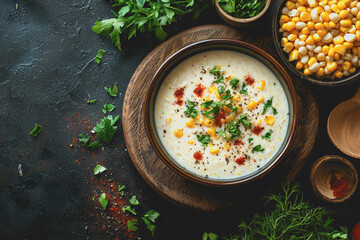 Bowl of soup featuring corn fresh herbs and a light broth served on a wooden table