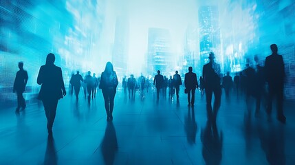 Fototapeta premium Silhouettes blending with cityscape and digital enhancements image