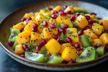 Vibrant colorful fruit salad featuring fresh kiwi, mango, pomegranate, and other naturally succulent seasonal delights