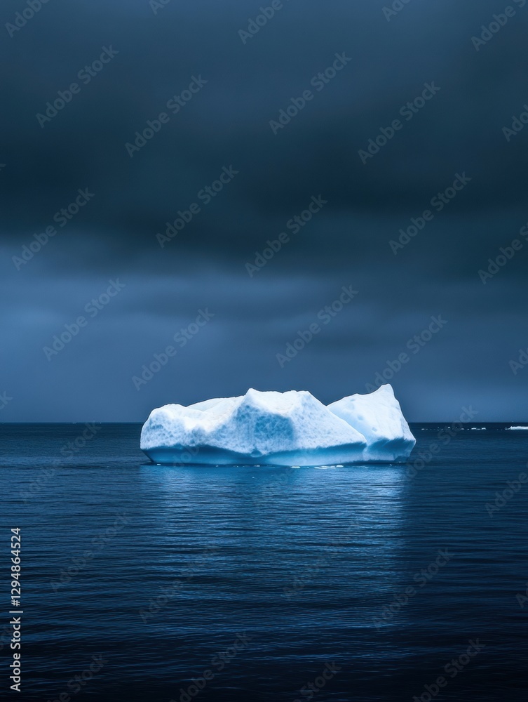 Poster Melting iceberg floats serenely in dark blue waters under an empty sky. Generative AI
