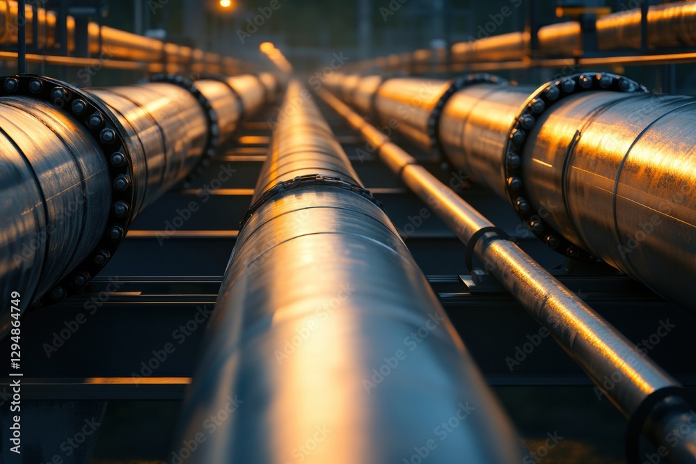 Poster Long metallic pipelines extend toward the horizon in an industrial landscape with captivating light reflections. Generative AI