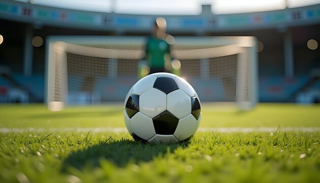 A classic soccer ball in front of the goal on the green field
