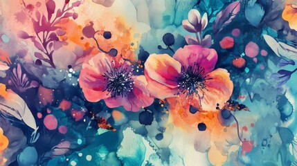 Vibrant Watercolor Floral Painting with Pink and Orange Flowers