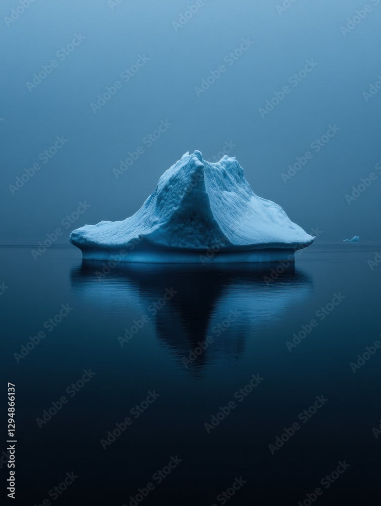 Poster Melting iceberg in dark blue waters with empty sky for text and serene ambiance. Generative AI