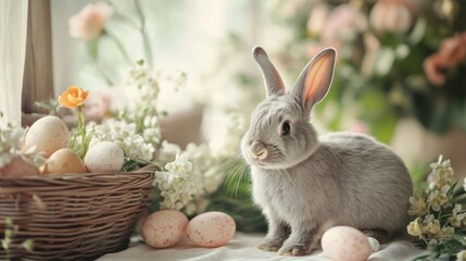 Gray rabbit with Easter eggs and flowers in a cozy spring setting