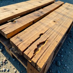 Closeup of a single worn wooden pallet skid with intricate cracks, weathered, tear, details