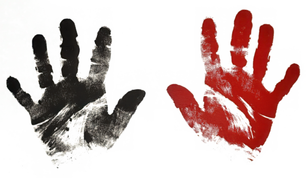 Set black hand print, paint ink isolated on white, clipping  
