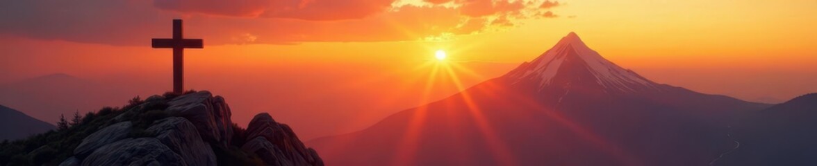 Cross and mountain peak bathed in warm orange hues of sunset, golden, tranquil
