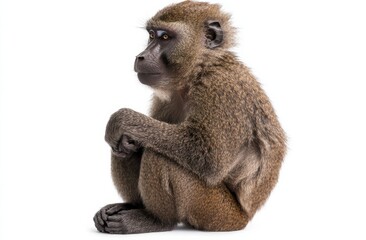 Fototapeta premium Baboon sitting calmly with a thoughtful expression on a plain background in a natural setting