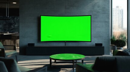 Modern living room setup with 3D LED curved TV featuring green screen for customizable content display mockup