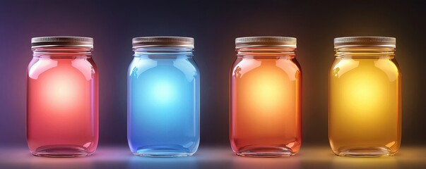 Eco-friendly packaging compostable production concept. Four illuminated jars in vibrant colors (red, blue, orange, yellow) create a captivating visual effect against a dark background.