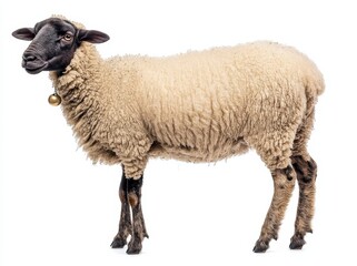 Obraz premium Sheep stands gracefully, showcasing its thick wool and distinct facial features against a white backdrop in a studio setting