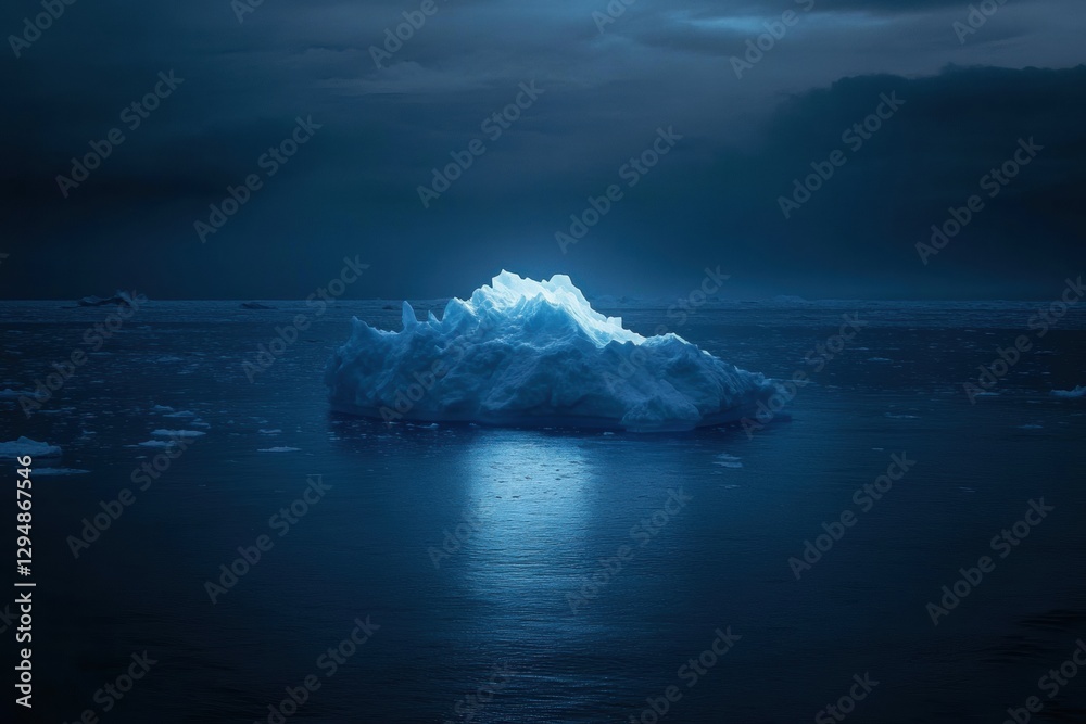 Poster Melting iceberg drifts on dark blue waters under a blank sky perfect for adding text. Generative AI