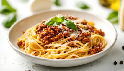 Tasty pasta bolognese with basil on white table, closeup