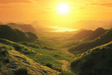 Obraz premium Exoplanet Surface with Lush Green Foliage and Rolling Hills, Highlighting an Otherworldly Landscape