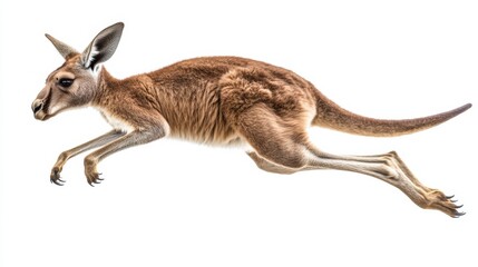 Kangaroo leaping in mid-air against a plain background showcasing its agility and grace