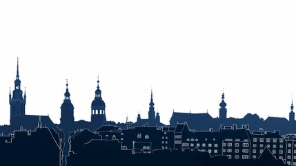 Obraz premium Riga city skyline silhouette featuring historic architecture and iconic church spires under clear sky.