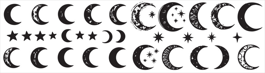 Crescent moon icon collection features varied crescent designs with stars, decorative patterns in black.
