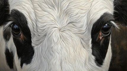 A close-up view captures a cow's face with a calm demeanor. The animal's glossy coat and expressive eyes convey tranquility, surrounded by a natural environment