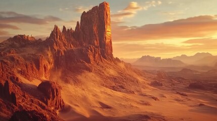 Naklejka premium Golden Desert Sunset with Majestic Rock Formations