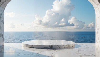 Serene ocean view from a modern marble terrace with clouds reflecting tranquility and elegance in a coastal environment