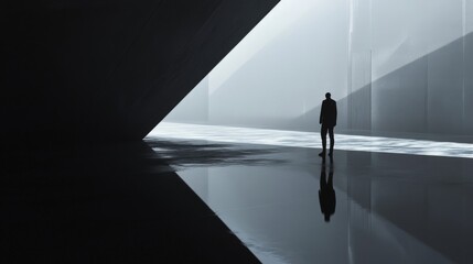 Silhouette of a Man Reflecting in Dark Geometric Structure