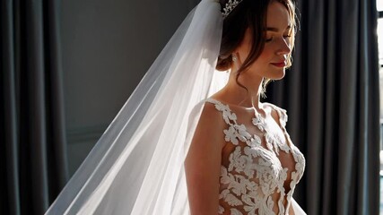 Slow Motion Beautiful Young Bride in Elegant Wedding Dress Standing Still, Romantic Bridal Portrait, Fixed Camera Movement, Serene Wedding Ceremony Scene, Graceful Marriage Concept, Bridal Background