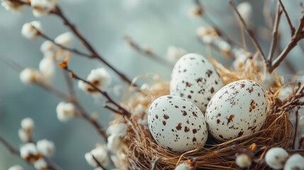 Speckled quail eggs in a delicate nest with blooming branches